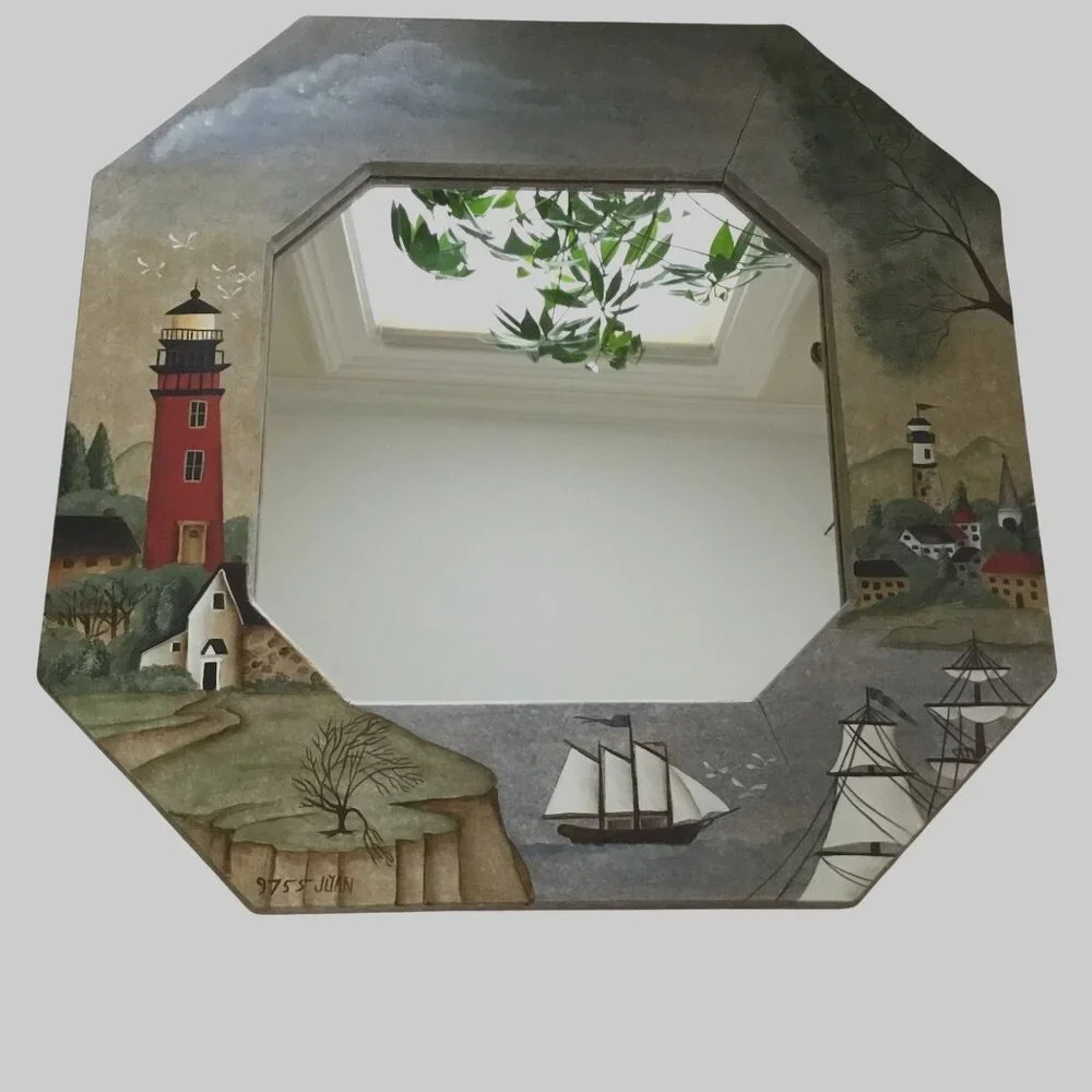 Hand-Painted Lighthouse Nautical Mirror 18x18 Folk Art Coastal Ship Wall Decor